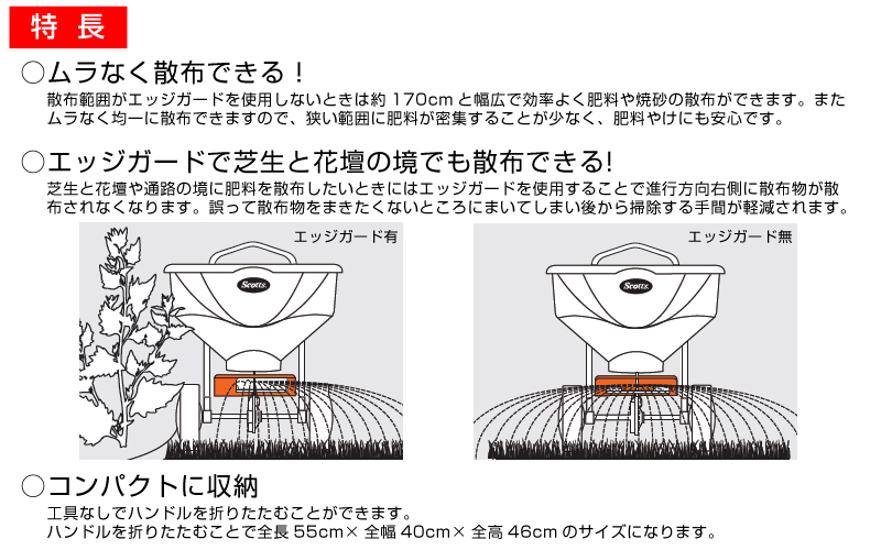 焼砂・肥料手押し式散布機 スコッツ ロータリー式スプレッダー エッジガードミニ 家庭用【説明書付き】 芝生のことならバロネスダイレクト