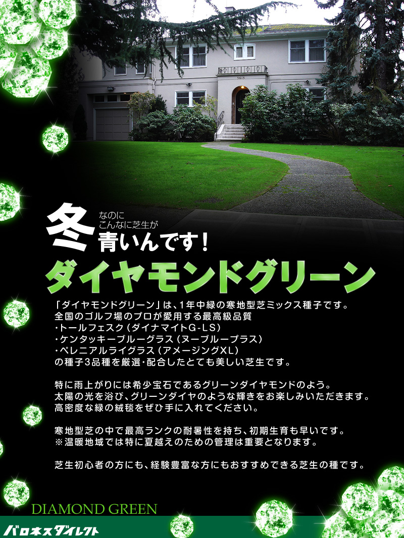 耐暑性に優れた特選ミックス ダイヤモンドグリーン 1kg入りお庭の広さ6 7 6坪用 バロネス寒地型 芝生の種 園芸発芽適温摂氏15 25度程度です 混合芝 芝生のことならバロネスダイレクト